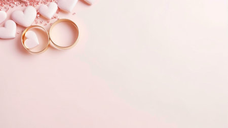 Closeup of wedding rings with hearts on pink backgroundの写真素材