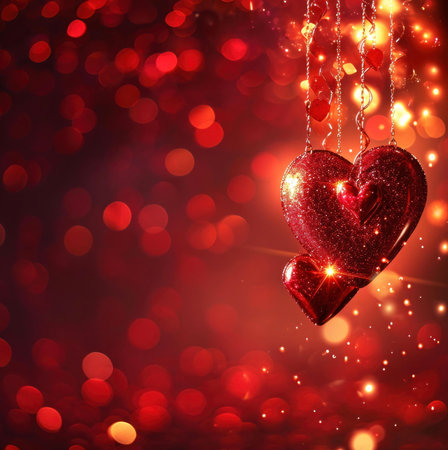 Two hanging red heart ornaments in front of a blurred red bokeh background. Perfect for Valentine's Day and romance.の写真素材