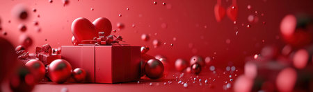 A red gift box decorated with a heart-shaped ornament and surrounded by red baubles, creating a...