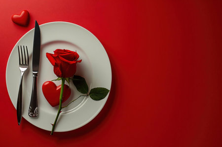 A single red rose with heart shapes on a white plate with a knife and fork on a red background. Valentine's day dinner setting.の写真素材