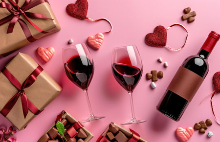 A romantic Valentine's Day scene featuring wine, chocolates, gifts, and hearts.の写真素材