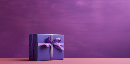 A purple gift box with a purple ribbon on a purple background.の写真素材