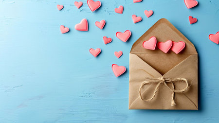 A brown envelope with hearts on a blue wooden background.の写真素材