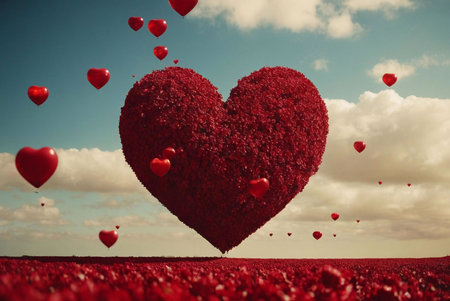 A large heart-shaped floral arrangement floats in the sky surrounded by smaller red heart balloons, symbolizing love and joy. The picture is a dreamlike scene with a field of red flowers and a blue sky.の写真素材