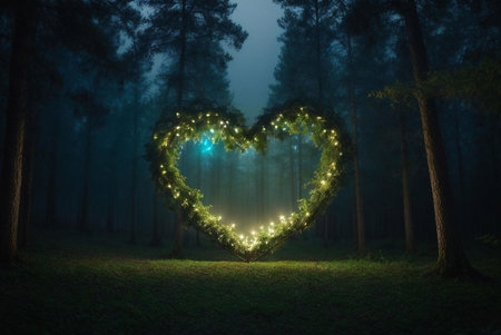 A heart-shaped arrangement of lights illuminates a dark forest, creating a magical and romantic ambiance.の写真素材
