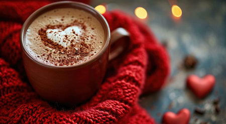 A close-up shot of a mug of hot chocolate topped with whipped cream and cocoa powder, forming a heart shape, set against a cozy red knit sweater.の写真素材