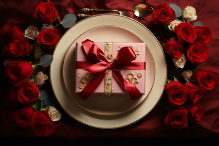 A pink gift box tied with a red ribbon sits on a white plate surrounded by a beautiful arrangement of red roses, symbolizing love and celebration.の写真素材