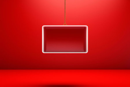 A white frame hanging on a red background with a gold chain.の写真素材