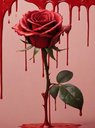 A single red rose covered in dripping red paint, creating a stark contrast against a pink background. The image is symbolic and evokes a sense of mystery and danger.の写真素材