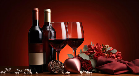 A still life photo depicting a romantic setting with two glasses of red wine, wine bottles, roses, and a heart-shaped decoration. The image is dominated by shades of red and conveys a sense of love and celebration.の写真素材