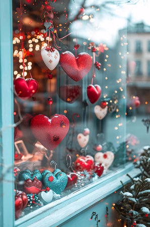 A shop window adorned with heart-shaped decorations. Red and white hearts hang from the ceiling, adding a festive touch to the display. The twinkling lights create a warm and inviting atmosphere.の写真素材