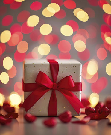 A close-up of a beautifully wrapped gift box with a red ribbon and bow. The background is a soft blur of red and yellow bokeh lights creating a festive atmosphere.の写真素材