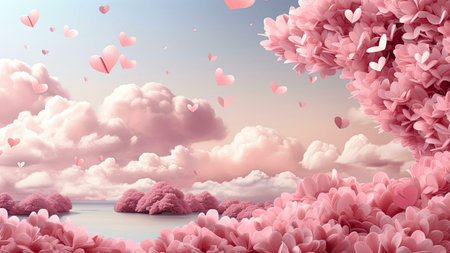 A surreal landscape with pink clouds and trees shaped like hearts. It is a beautiful and romantic...