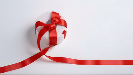 A single red ribbon, tied in a bow, sits against a clean white background. The red ribbon is...