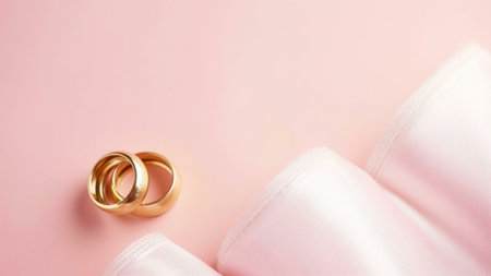 Two golden wedding bands lie side by side on a soft pink surface, a delicate white satin ribbon framing the scene. The image exudes love, romance and a promise of forever.の写真素材