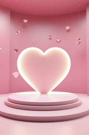 A large heart-shaped stage with a pink backdrop, creating a romantic and elegant atmosphere.の写真素材