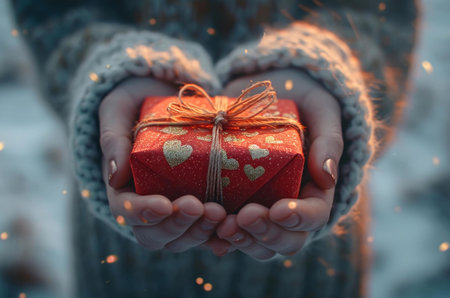 Close up of a person holding a red gift box wrapped with a brown ribbon and decorated with golden hearts. The image portrays the joy and warmth of giving a gift during the holidays.の写真素材