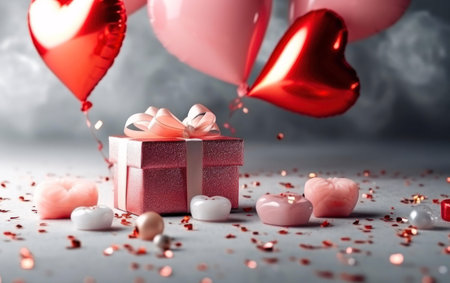 A pink gift box with a white ribbon is surrounded by heart-shaped balloons. The image captures the...
