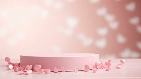 A pink podium with hearts scattered around it against a blurred pink background.の写真素材