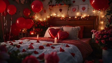 A romantic bedroom decorated for Valentine's Day with red balloons, roses, candles, and heart-shaped pillows.の写真素材