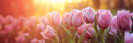 A close-up image of pink tulips bathed in the warm glow of the setting sun. The flowers are in full bloom, their petals soft and delicate, with a gentle breeze whispering through the field.の写真素材