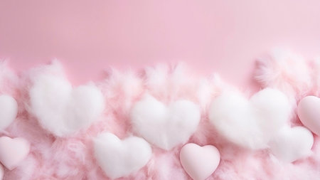A row of white heart-shaped objects on a pink background, surrounded by pink feathers, creating a romantic and delicate atmosphere.の写真素材