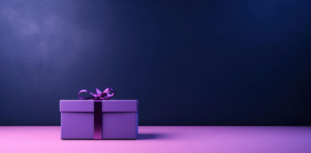 A purple gift box with a purple ribbon sits on a pink surface against a dark blue background.の写真素材