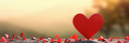 A red heart stands tall on a wooden surface, with smaller hearts scattered around it. The background is a soft, blurred, and golden hue.の写真素材