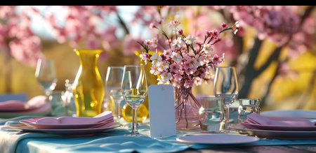 A table set for a special occasion with delicate pink flowers in a vase and elegant glassware. The...