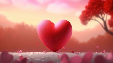 A digital illustration of a large red heart at sunset, surrounded by pink petals. Peaceful and...