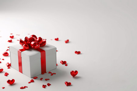 A white gift box with a red ribbon and bow, surrounded by red hearts on a white background.