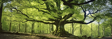 A majestic ancient tree with sprawling branches dominates the lush green forest, showing the...