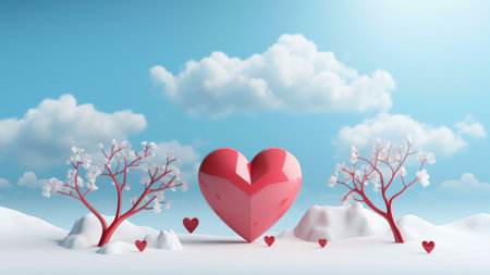 A 3D rendering of a red heart surrounded by white trees and snow, a symbol of love and winter. The...