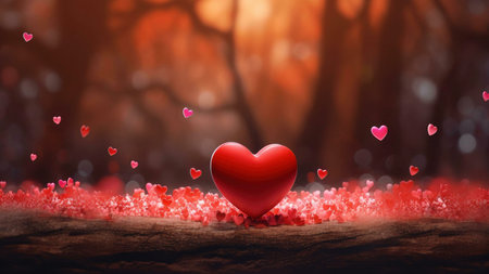 A large red heart sits on a log surrounded by smaller hearts in a magical forest. Perfect for Valentine's Day.の写真素材