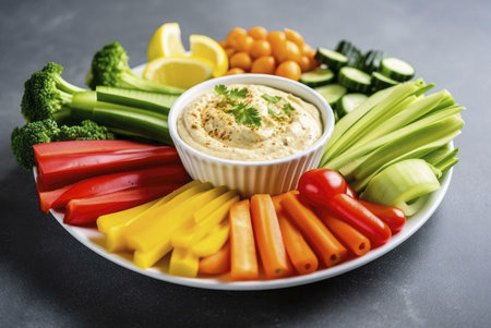 A beautiful plate filled with fresh vegetables and a creamy hummus dip. Perfect for a healthy and flavorful snack or appetizer.の写真素材
