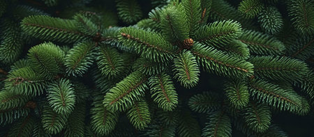 A close-up photograph of the dark green leaves of a pine tree. The branches are thick and full,...