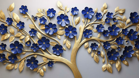 3D rendering of a golden tree with blue flowers, perfect for wall decorの写真素材