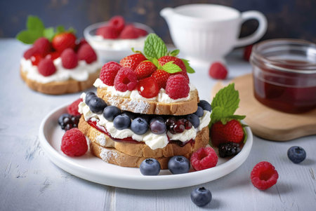 Close up of a delicious berry and whipped cream toast on a white plate, with blueberries and raspberries scattered around. The toast is layered with whipped cream and a variety of berries, making it a sweet and satisfying dessert or snack.の写真素材