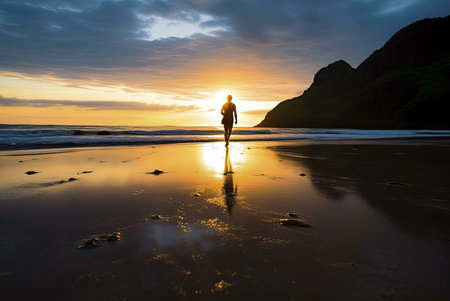 A silhouette of a person walking towards the sunset on a beach, with the ocean and sky in the background. The person is walking away from the viewer, towards the setting sun. The image is a beautiful and inspiring scene that captures the essence of freedom, adventure, and hope.の写真素材