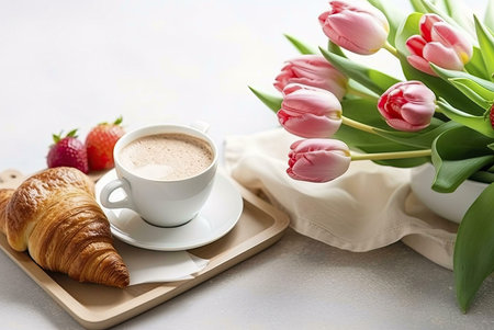 A close-up shot of a breakfast tray with a cup of coffee, a croissant, and strawberries, adorned with a bouquet of pink tulips.の写真素材