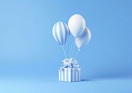A gift box with a blue ribbon and balloons on a blue background.の写真素材