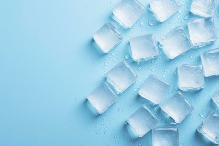 Ice cubes scattered on a blue background with water dropletsの写真素材