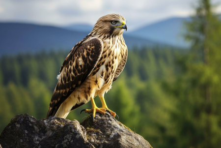 A majestic hawk is perched on a rock with a green forest and mountain background.の写真素材