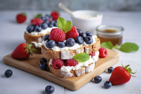 Close up shot of a delicious dessert made with fresh berries, cream, and bread, perfect for a special occasion or a sweet treat.の写真素材