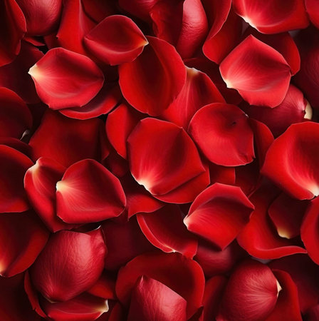 Close-up image of a background of red rose petals, capturing their vibrant color and velvety texture. The petals create a beautiful and romantic atmosphere.の写真素材
