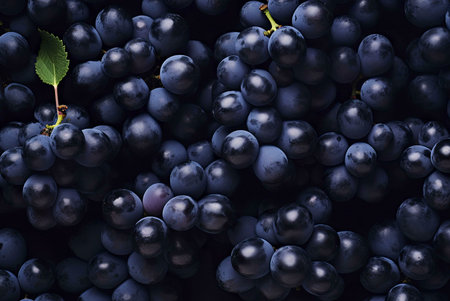 A close-up photograph of a cluster of dark purple grapes, highlighting their smooth, plump texture and vibrant color. The grapes are ripe and ready to eat, showcasing their natural beauty.の写真素材