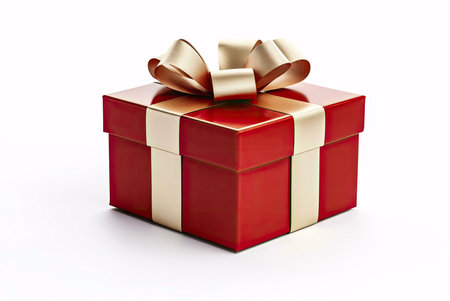 A red gift box with a golden ribbon and bow. The box is isolated on a white background.