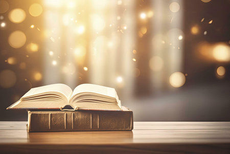 A close-up shot of an open book lying on a wooden table with a warm, golden light illuminating the scene.の写真素材