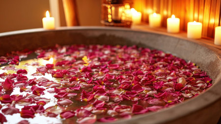 A close-up view of a luxurious spa bath filled with rose petals, creating a serene and romantic atmosphere. The soft glow of candles adds to the sense of tranquility.の写真素材