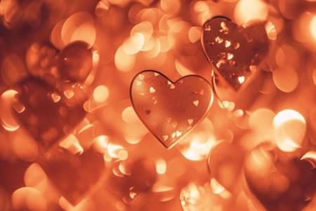 Two golden hearts with glitter against a warm, glowing background of out of focus hearts.の写真素材